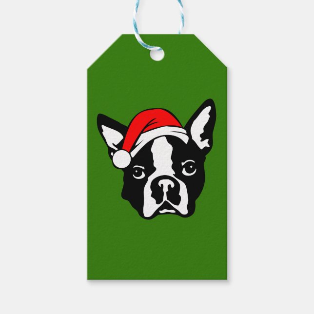 Étiquettes-cadeau Chien de Boston Terrier avec Noël Santa Hat (Devant)