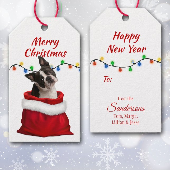 Étiquettes-cadeau Chien de Boston Terrier dans un sac de Père Noël (Créateur téléchargé)