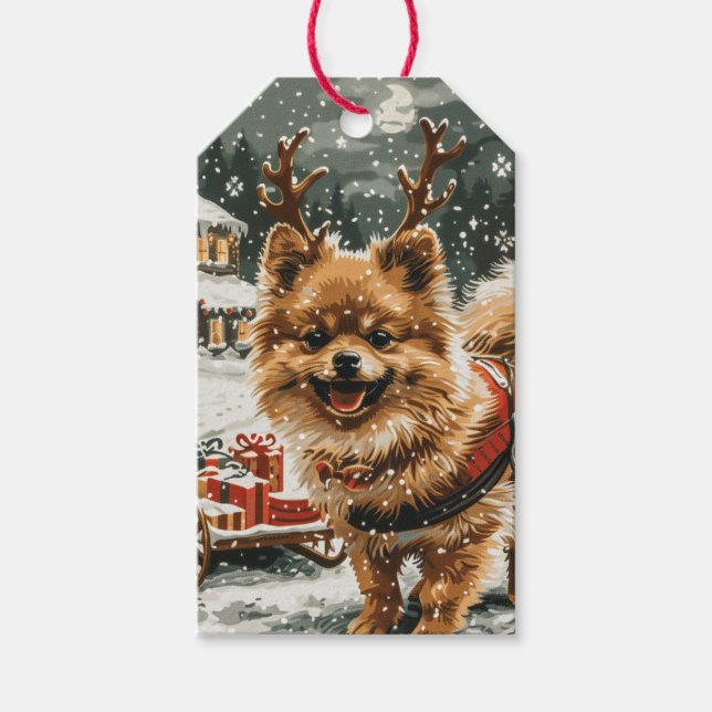 Étiquettes-cadeau Chien de rennes de Noël de Poméranie (Devant)