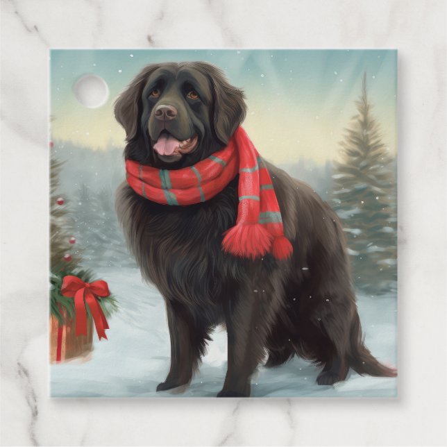 Étiquettes Cadeau Chien de Terre-Neuve à Noël de neige (Devant)