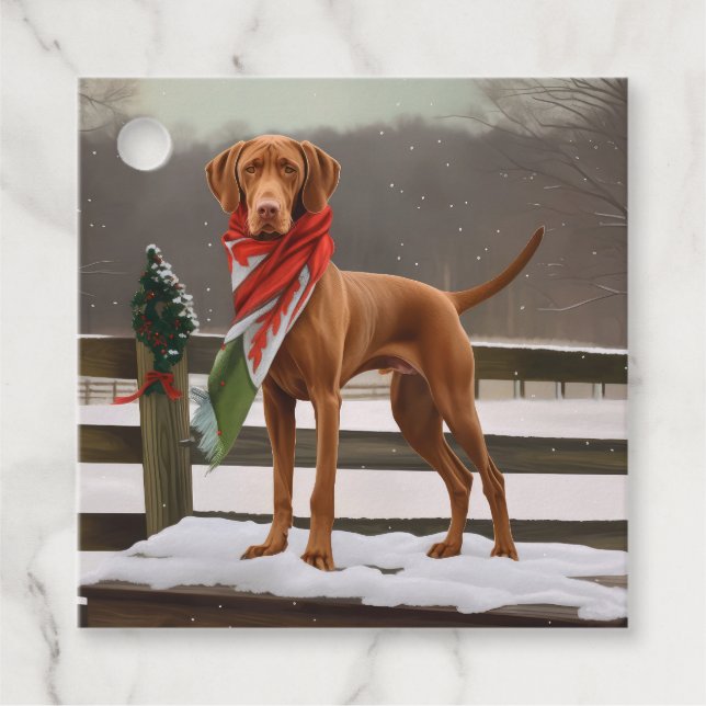 Étiquettes Cadeau Chien de Vizsla à Noël de neige (Devant)
