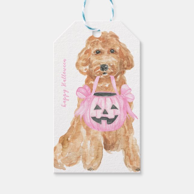 Étiquettes-cadeau Chien d'Halloween Citrouille rose (Devant)