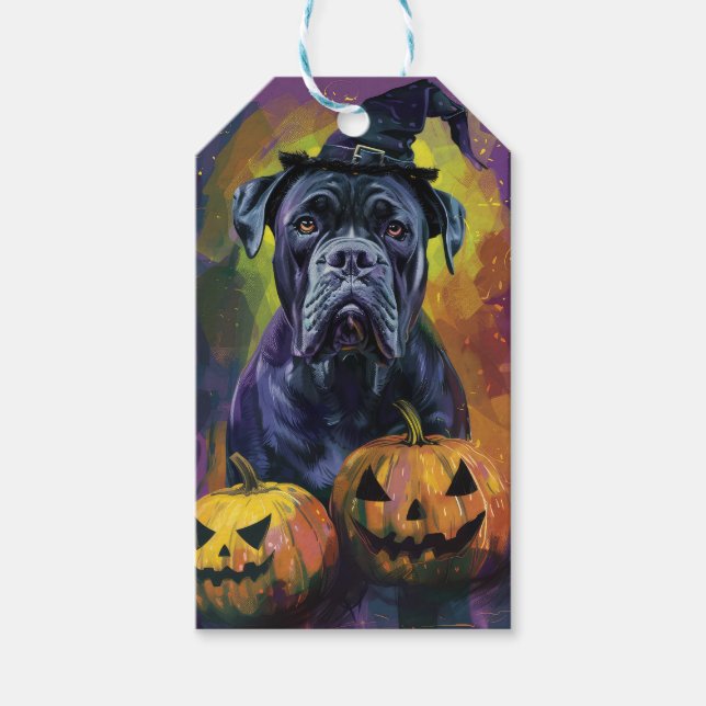 Étiquettes-cadeau Chien éffrayant Bullmastiff Halloween sorcière et  (Devant)
