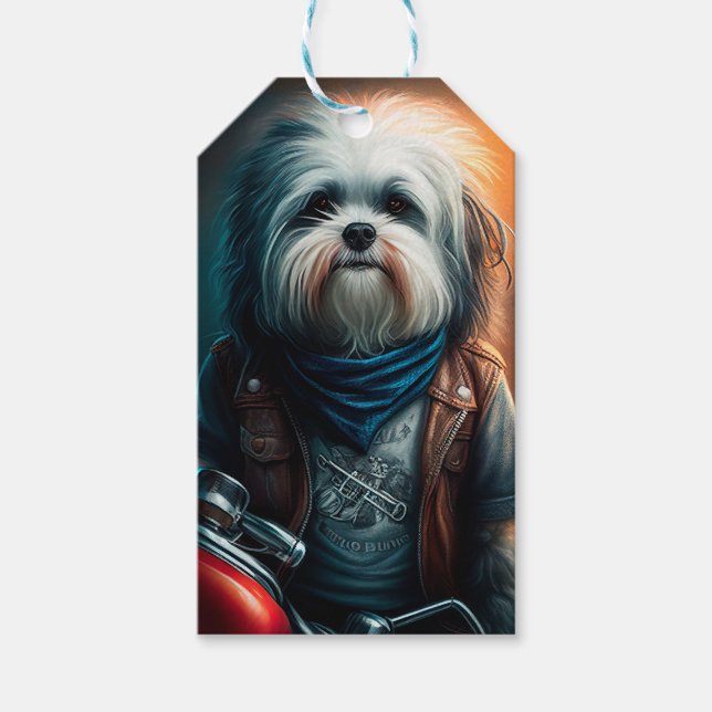 Étiquettes-cadeau Chien Havanais en vélo peinture numérique (Devant)