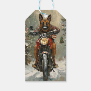 Étiquettes-cadeau Chien Malinois Belge à moto Noël