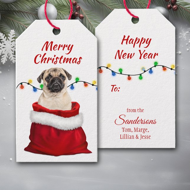 Étiquettes-cadeau Chien mignon Carlin dans le sac Père Noël (Créateur téléchargé)