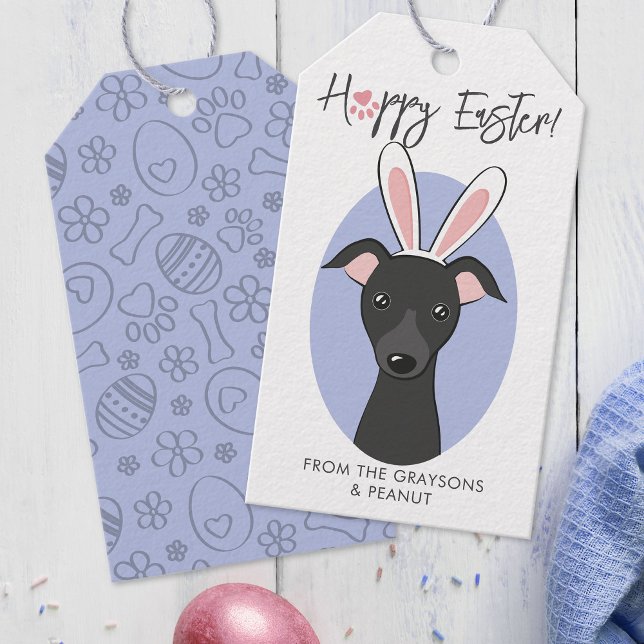 Étiquettes-cadeau Chien noir gris italien mignonne oreilles de lapin (Créateur téléchargé)