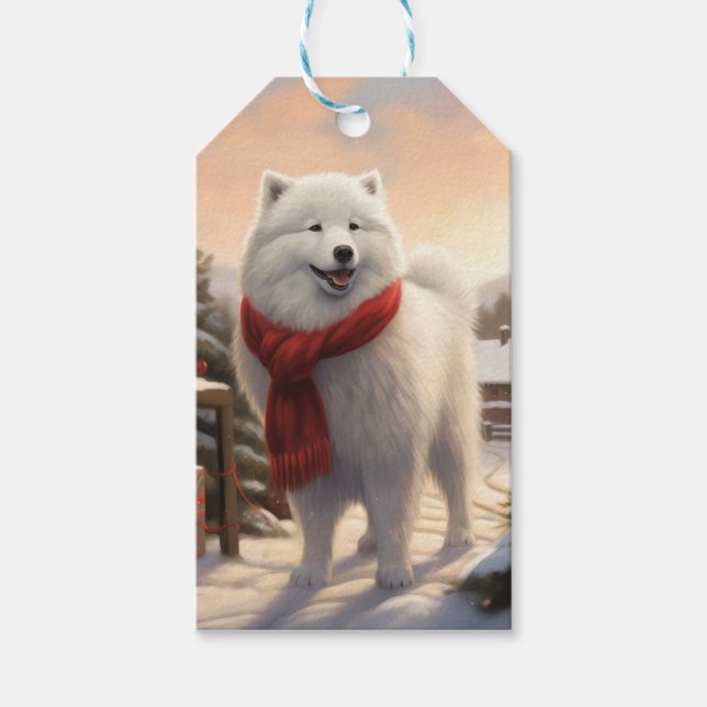 Étiquettes-cadeau Chien Samoyé à Noël de neige (Devant)