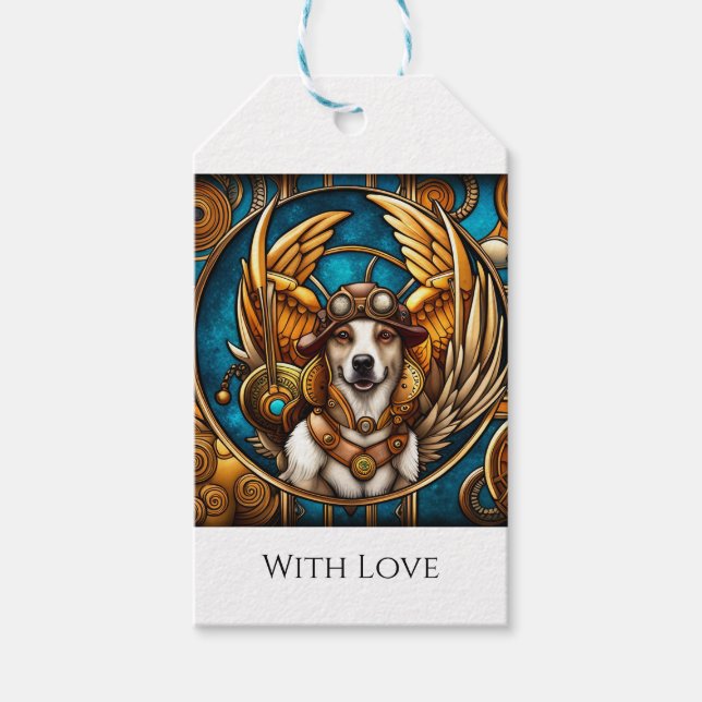 Étiquettes-cadeau Chien steampunk avec ailes (Devant)