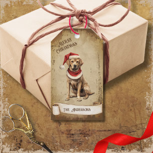 Étiquettes-cadeau Chien Vintage rétro avec Casquette de Noël rouge