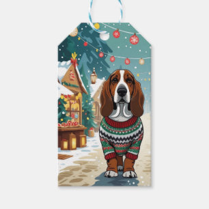 Étiquettes-cadeau Chiens Basset Hound Noël Neige Fêtes