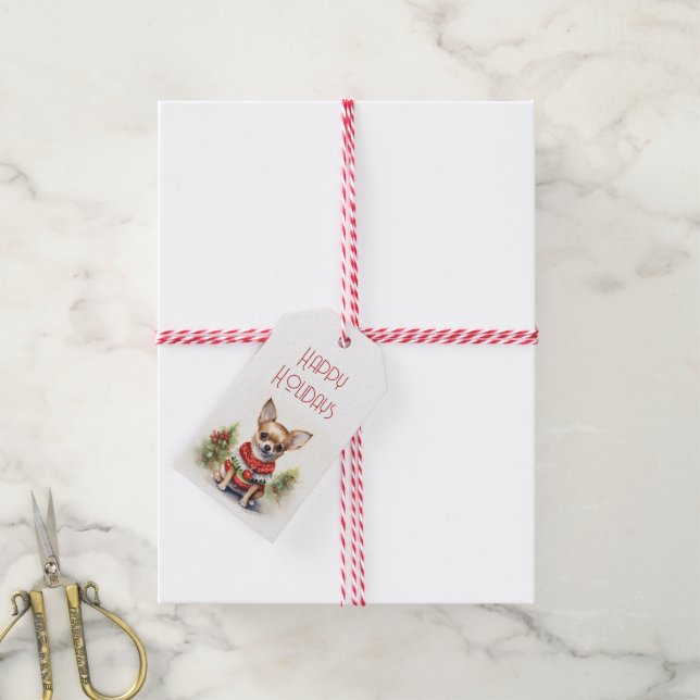 Étiquettes-cadeau Chihuahua de Noël avec Sweat de vacances (Avec de la ficelle)