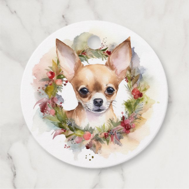Étiquettes Cadeau Chihuahua Fête de la couronne de Noël Coupe (Devant)