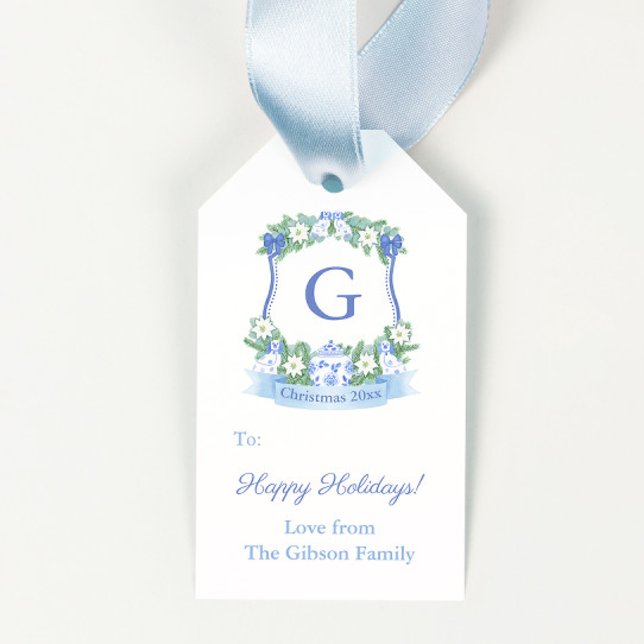 Étiquettes-cadeau Chinoiserie Crête Bleu Blanc Joyeux Noël (Blue and white pottery dogs chinoiserie monogram merry christmas gift tags)