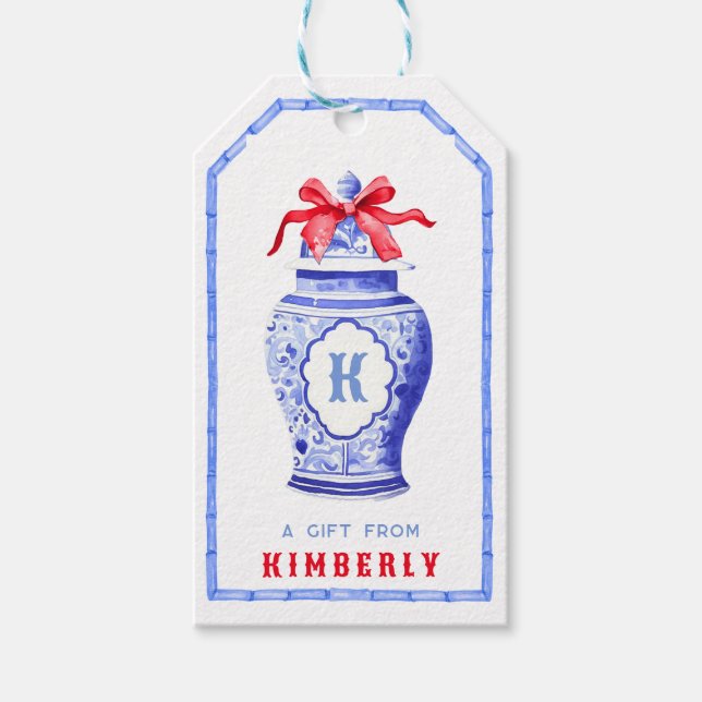 Étiquettes-cadeau Chinoiserie Ginger Jar Monogramme | Bow rouge (Devant)