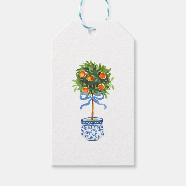 Étiquettes-cadeau Chinoiserie Poterie Orange Topiaire Bleu (Devant)