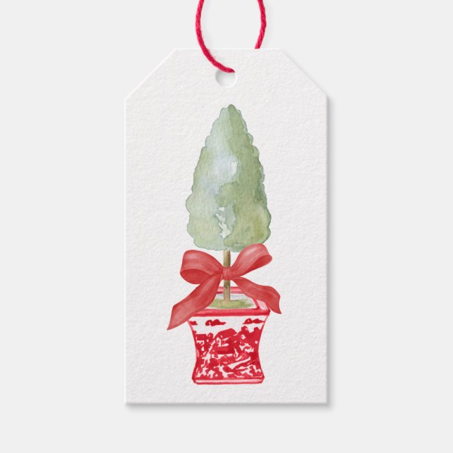 Étiquettes-cadeau Chinoiserie Rouge & Blanc Vacances Topiaire (Devant)