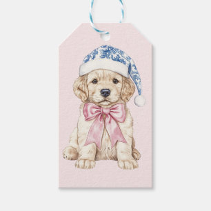 Étiquettes-cadeau Chiot de Noël rose et bleu