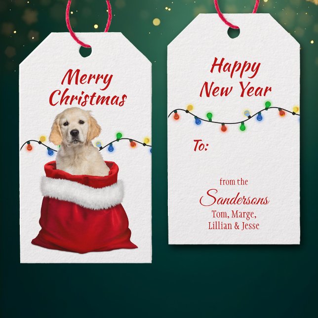 Étiquettes-cadeau Chiot d'or rétriever dans le sac Père Noël (Créateur téléchargé)