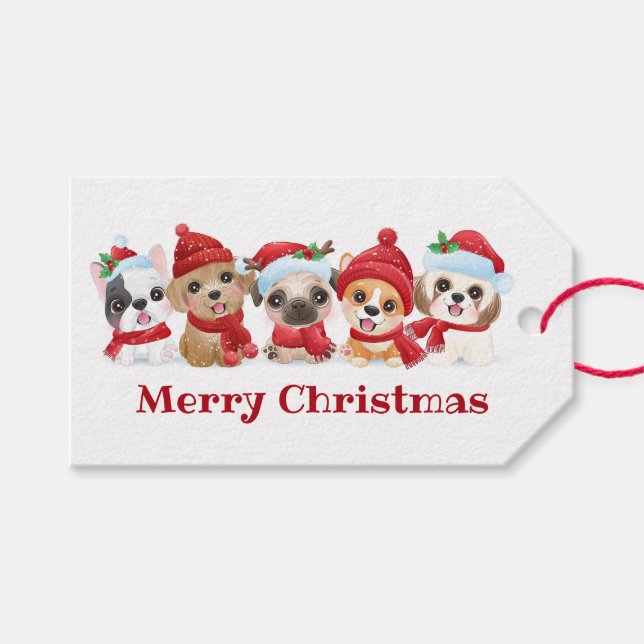 Étiquettes-cadeau Chiots de Noël (Devant (Horizontal))