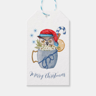 Étiquettes-cadeau Chouette de Noël amusante Chouette rouge Santa Cha