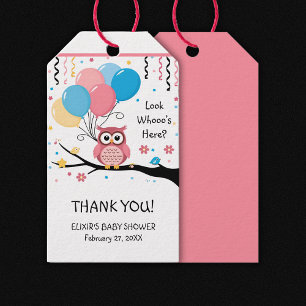 Étiquettes-cadeau Chouette rose mignonne avec ballons et Baby shower