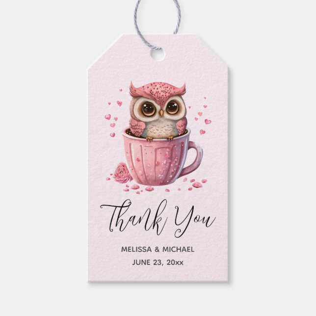 Étiquettes-cadeau Chouette rose mignonne dans un Merci d'événement d (Devant)