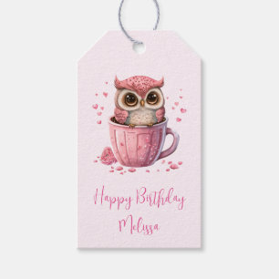 Étiquettes-cadeau Chouette rose mignonne dans une coupe Anniversaire