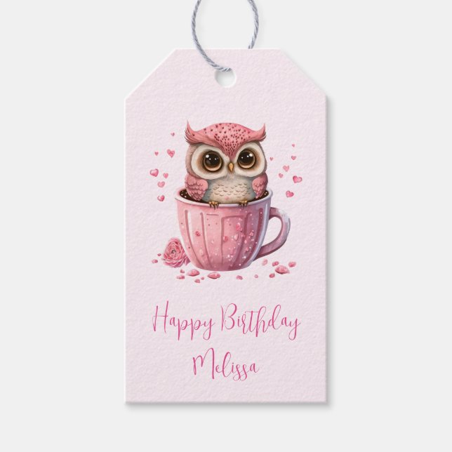 Étiquettes-cadeau Chouette rose mignonne dans une coupe Anniversaire (Devant)