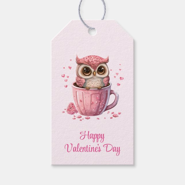 Étiquettes-cadeau Chouette rose mignonne dans une coupe Saint-Valent (Devant)