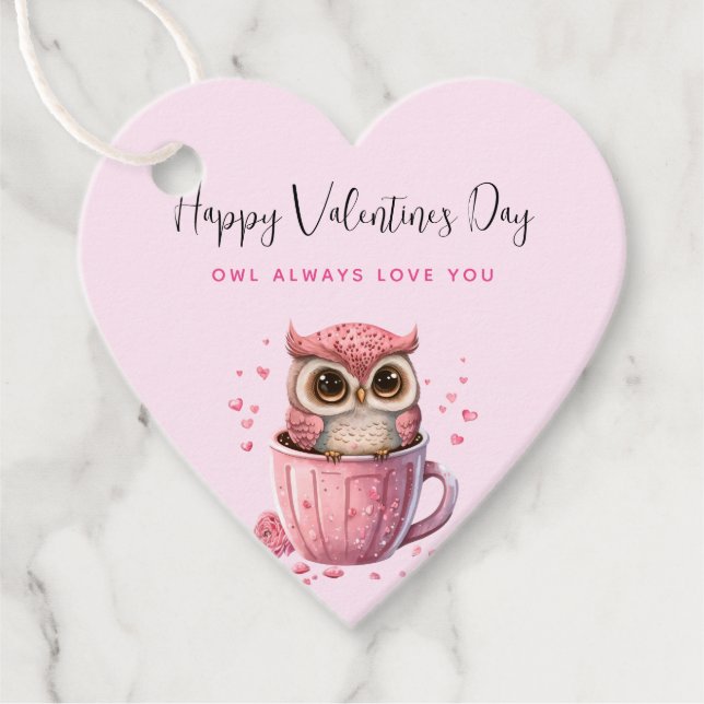 Étiquettes Cadeau Chouette rose mignonne en coupe Saint-Valentin (Devant)
