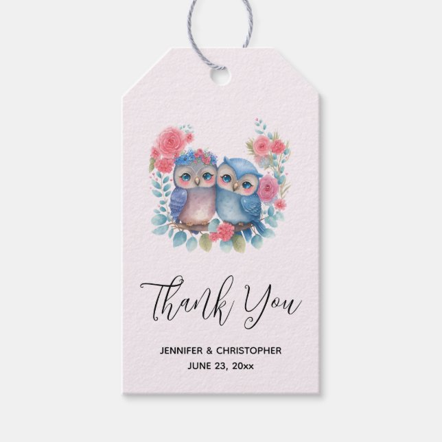 Étiquettes-cadeau Chouettes amoureuses assis sur un Mariage de branc (Devant)