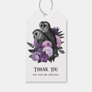 Étiquettes-cadeau Chouettes gothiques violettes à la crème florale