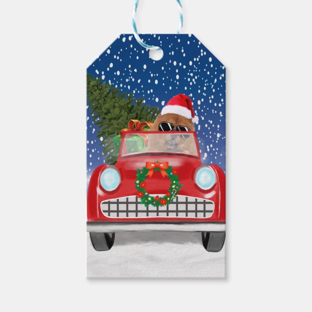 Étiquettes-cadeau Chow Chow Chien Conduisant Voiture En Neige (Devant)