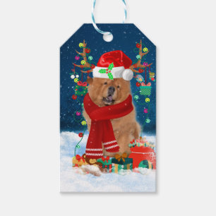 Étiquettes-cadeau Chow Chow Chien en neige avec cadeaux de Noël