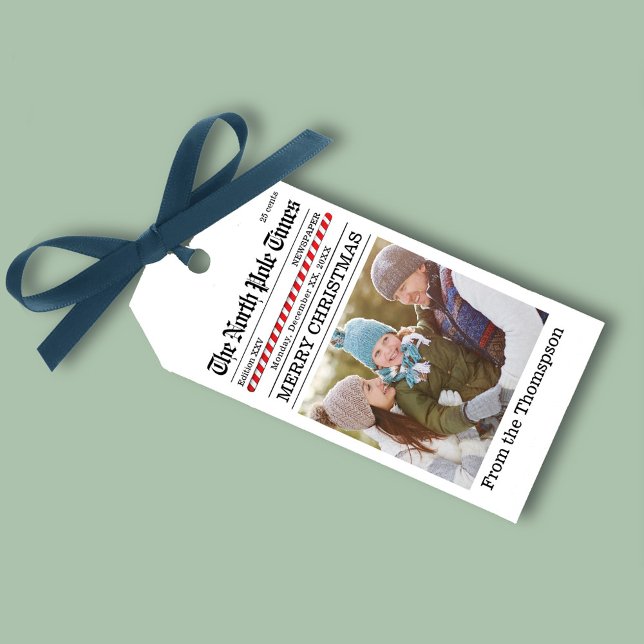 Étiquettes-cadeau Christmas Fun Photo Holiday Newspaper Custom (Whimsical holiday Newspaper photo gift tag.)