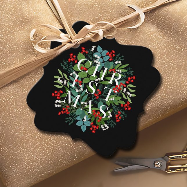 Étiquettes Cadeau CHRISTMAS Greenery Berries Holiday Black (CHRISTMAS Typography Greenery Berries Black Favor Tags)