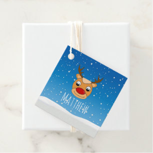 Étiquettes Cadeau Chute de neige de rennes souriant bleu personnalis