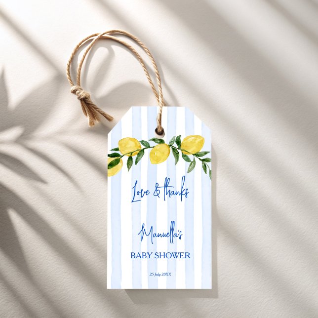 Étiquettes-cadeau Ciao bambino citrons cadeau de baby shower italien (Ciao bambino blue stripes  lemons Italian baby shower personalized favor Gift Tags)