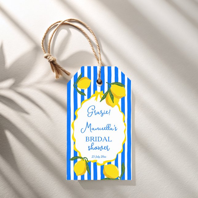 Étiquettes-cadeau Ciao bella bleu rayures citrons prime douche (Ciao bella blue stripes lemons wavy border Italian bridal shower favors personalized favor gift tags)
