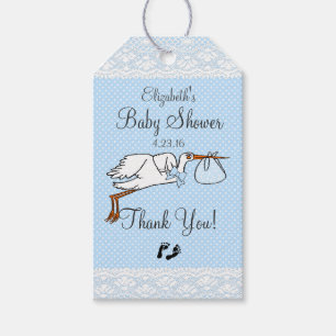 Étiquettes-cadeau Cigogne avec la faveur bleue d'invité de baby