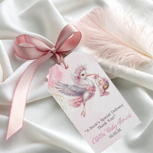 Étiquettes-cadeau Cigogne élégante et mignonne Baby Shower fille ros