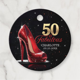 Étiquettes Cadeau Cinquante 50 & Fabuleux BIRTHDAY Red Gold High Hee