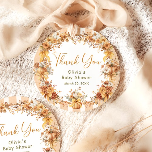Étiquettes Cadeau Citrouille automne Baby shower Floral Merci (Créateur téléchargé)