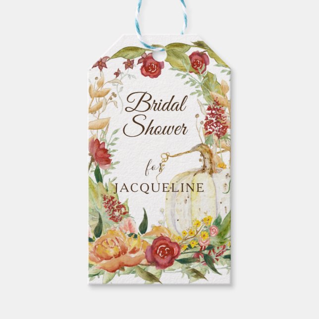 Étiquettes-cadeau Citrouille blanc de couronne de fleurs automne Fêt (Devant)