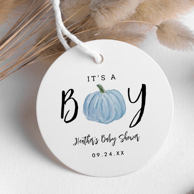 Étiquettes Cadeau Citrouille Bleu Automne C'est un Baby shower garço (Créateur téléchargé)