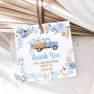 Étiquettes Cadeau Citrouille bleu Camion Automne Carré d'anniversair