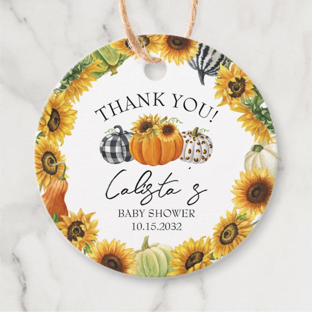 Étiquettes Cadeau Citrouille d'automne et Baby shower de tournesol M (Devant)