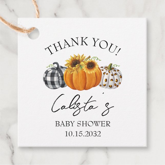 Étiquettes Cadeau Citrouille d'automne et Baby shower de tournesol M (Devant)