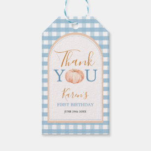 Étiquettes-cadeau Citrouille orange Boho Bleu En vichy 1er anniversa
